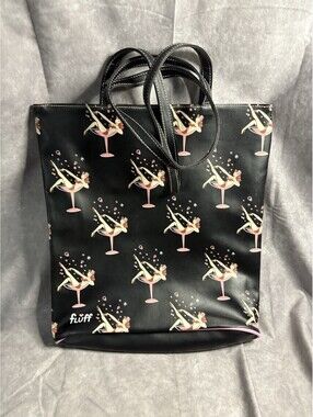 Fluff Retro Pin-Up Girl Tote Bag Black Pink Martini Print Vintage Style Purse